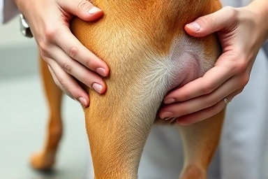 Veterinarian examining dog's leg for pain